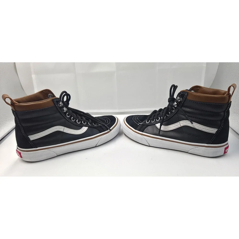 Vans Sk8-Hi MTE Black Leather Suede High Top Sneakers Brown Trim Faux Fur Lining